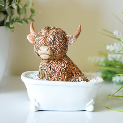 BACK OCT Happy Highland Cow in Bath Ornament
