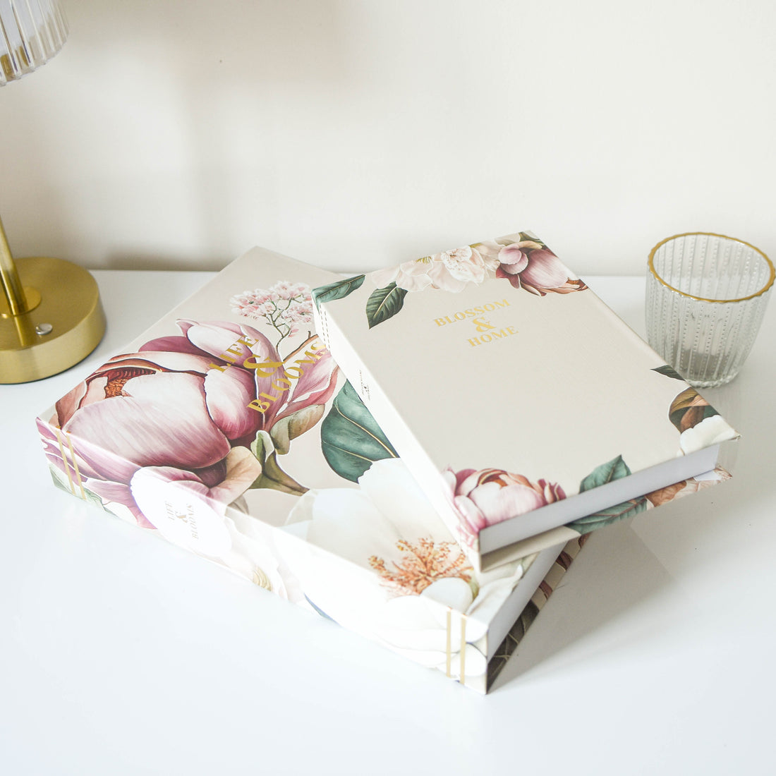 Pink Peony Faux Book Storage Boxes - Set of 2