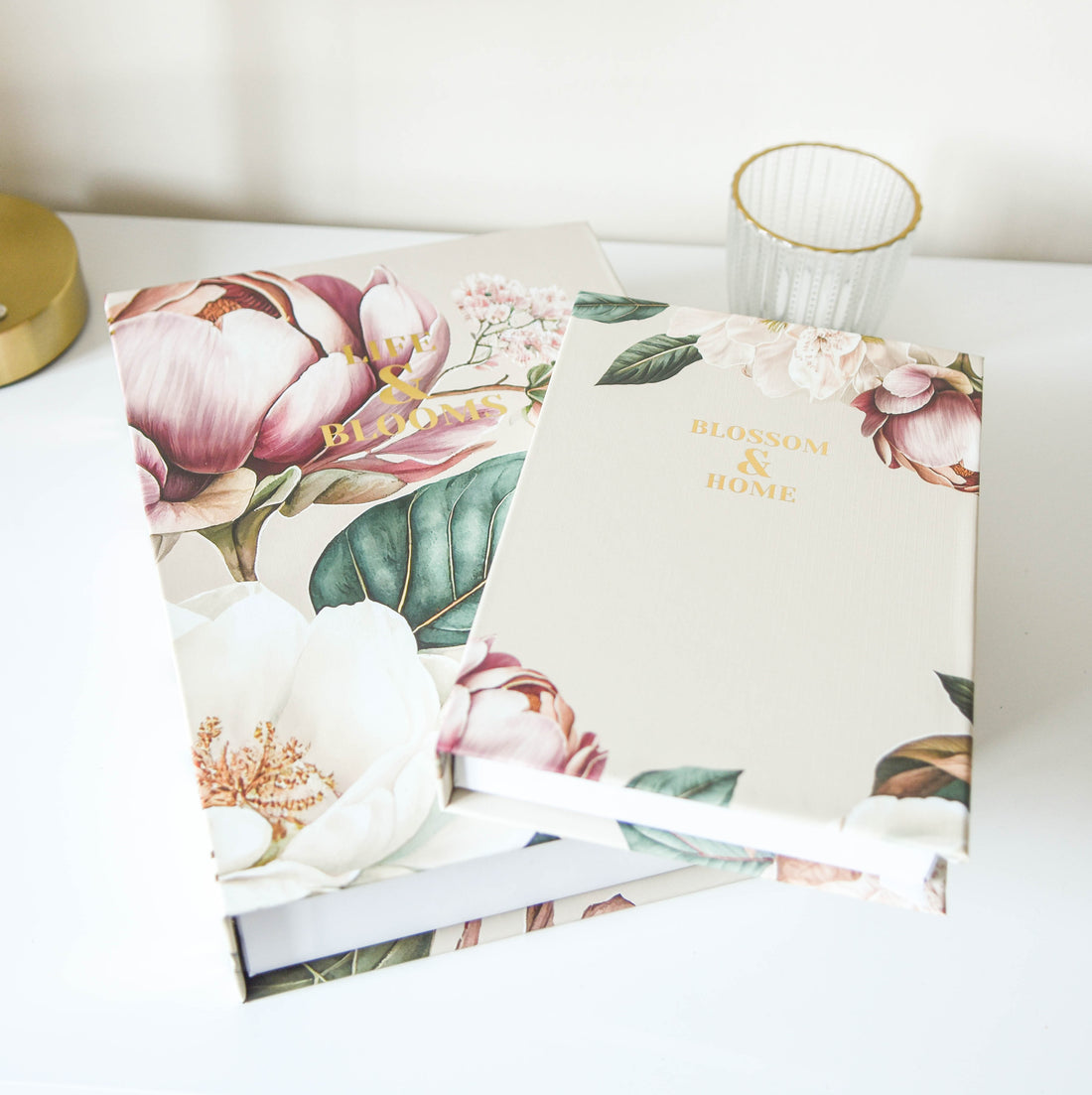 Pink Peony Faux Book Storage Boxes - Set of 2