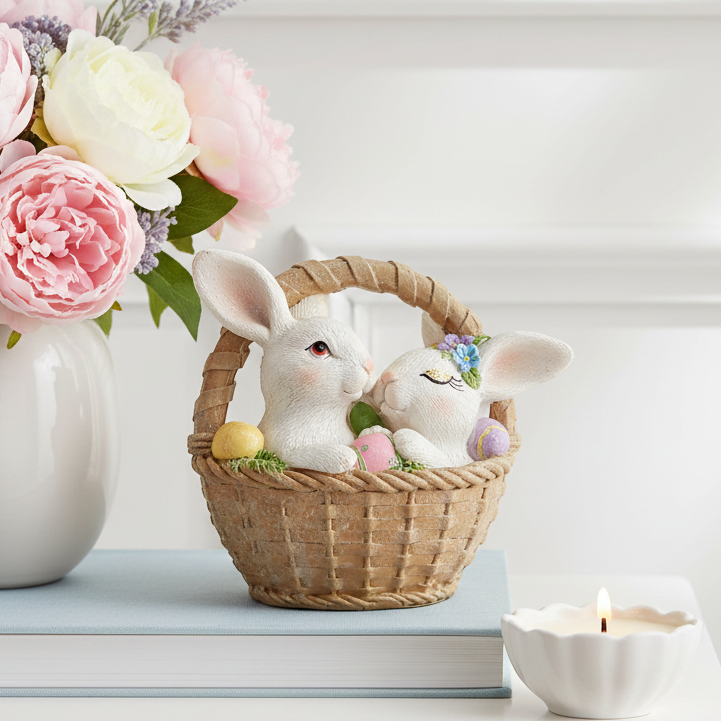 Bunnies In A Basket Figurine