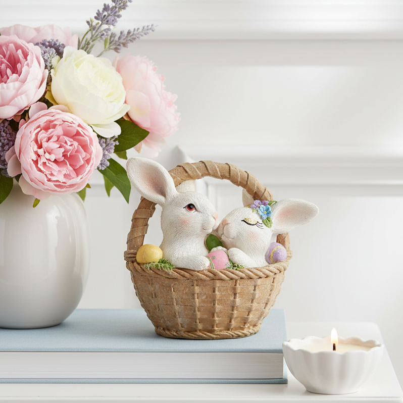 Bunnies In A Basket Figurine