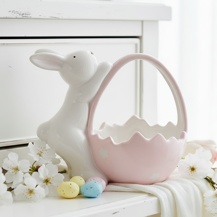 Bunny with Pink Ceramic Basket