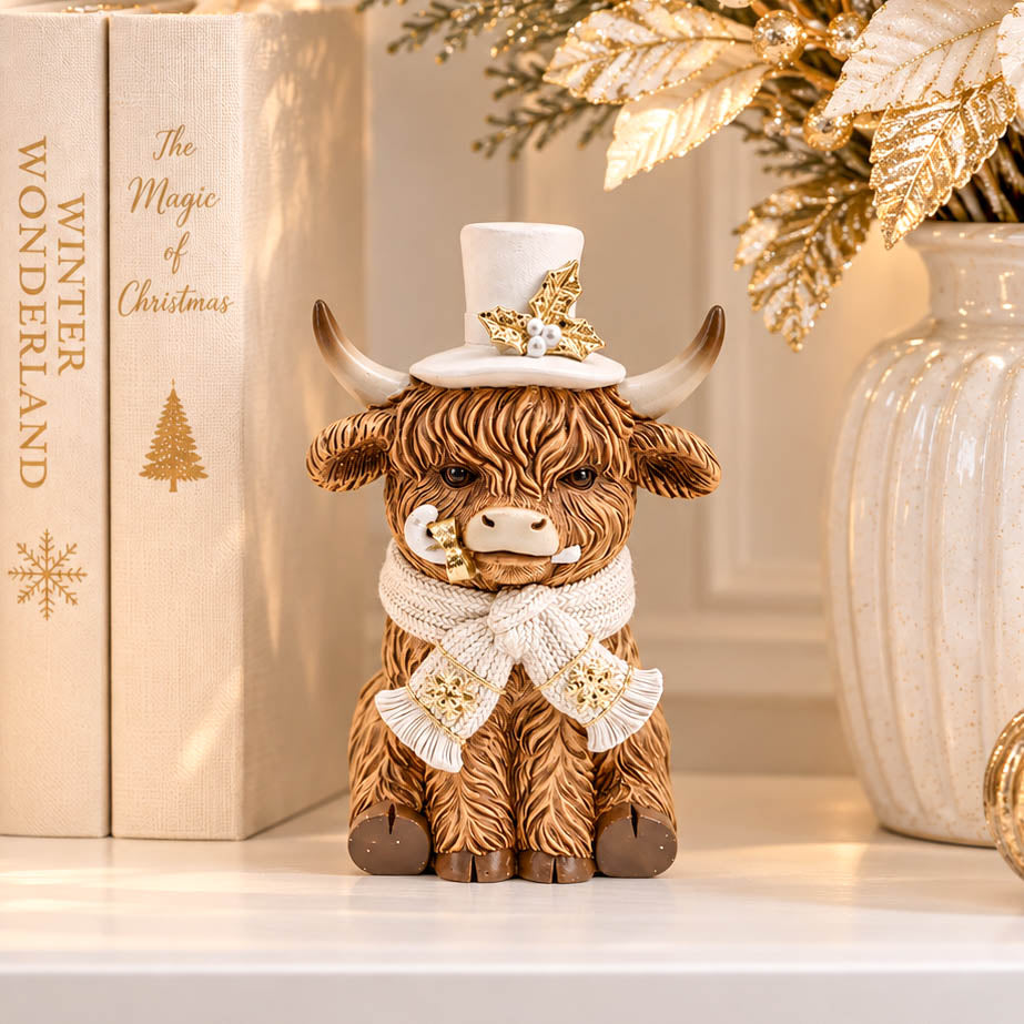 Christmas Highland Cow in Hat &amp; Scarf