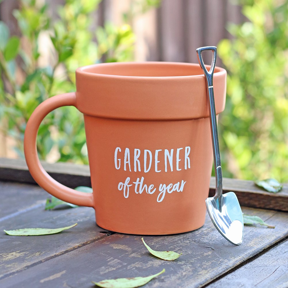 Gardener of The Year Plant Pot Mug with Shovel Spoon