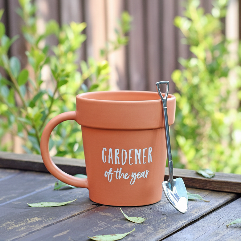 Gardener of The Year Plant Pot Mug with Shovel Spoon