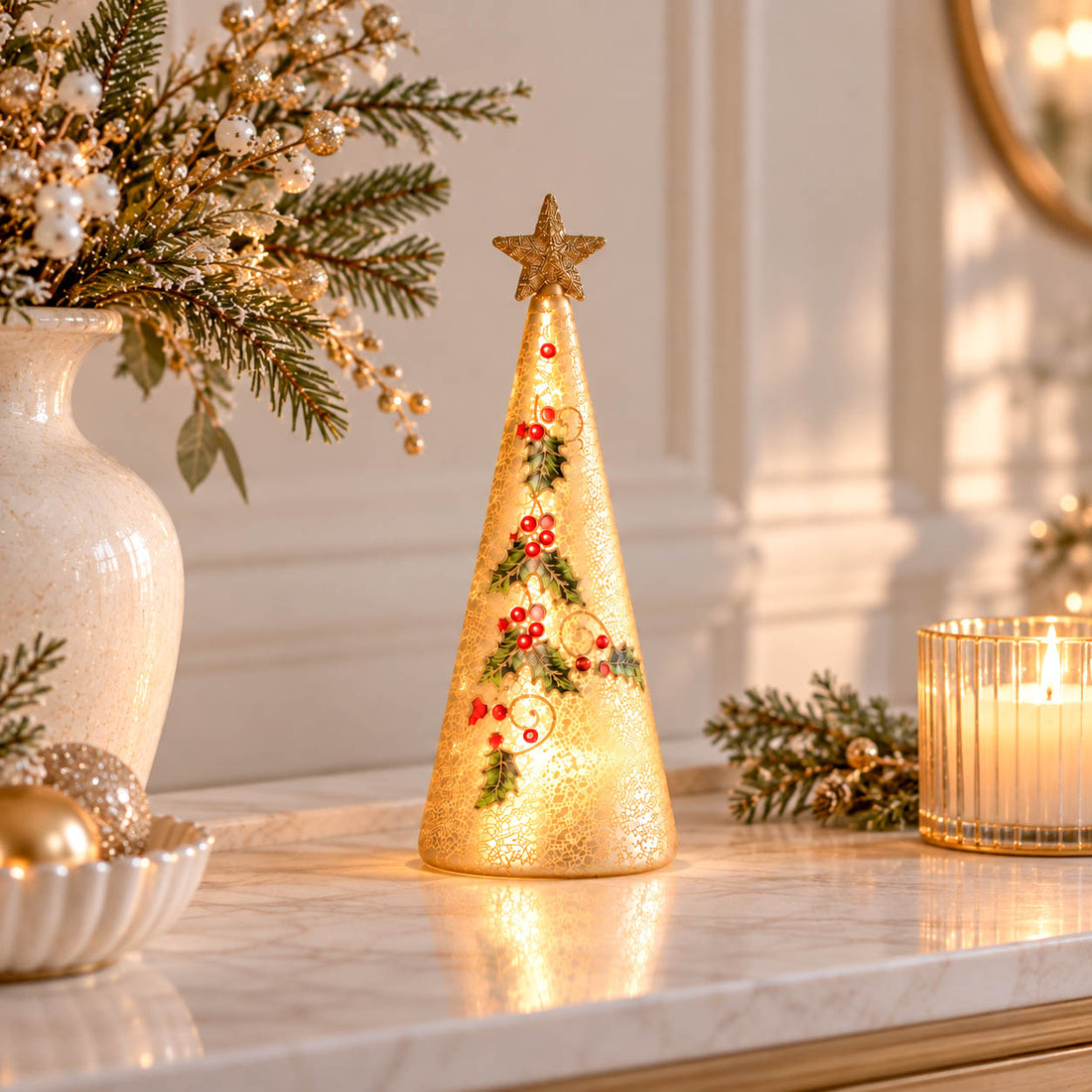 Gold Glass LED Holly Tree