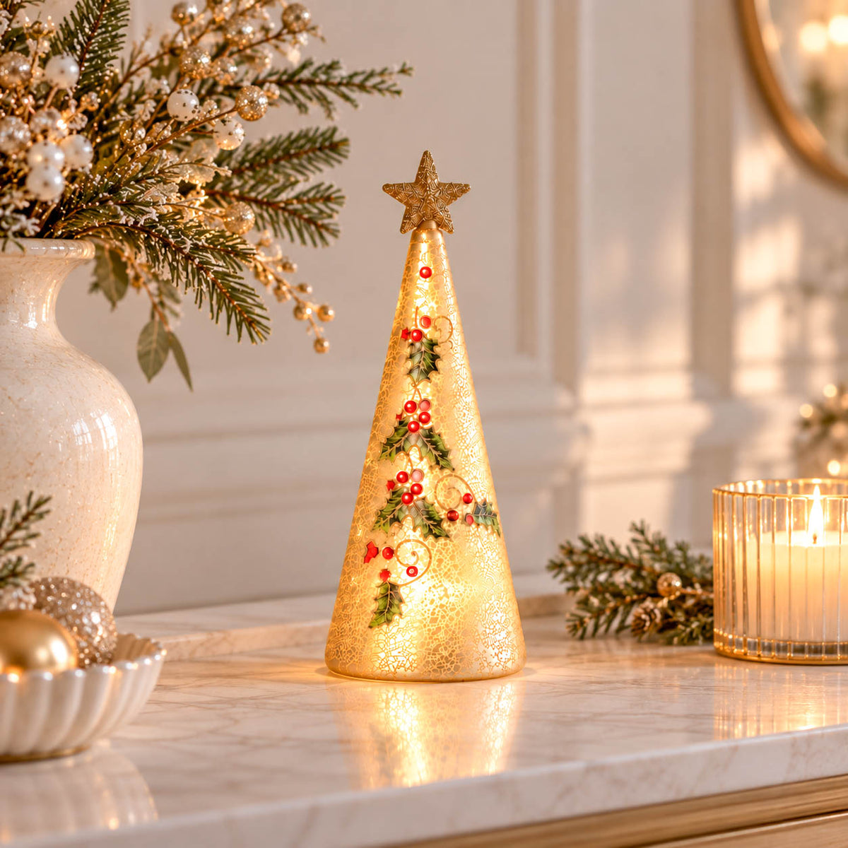 Gold Glass LED Holly Tree