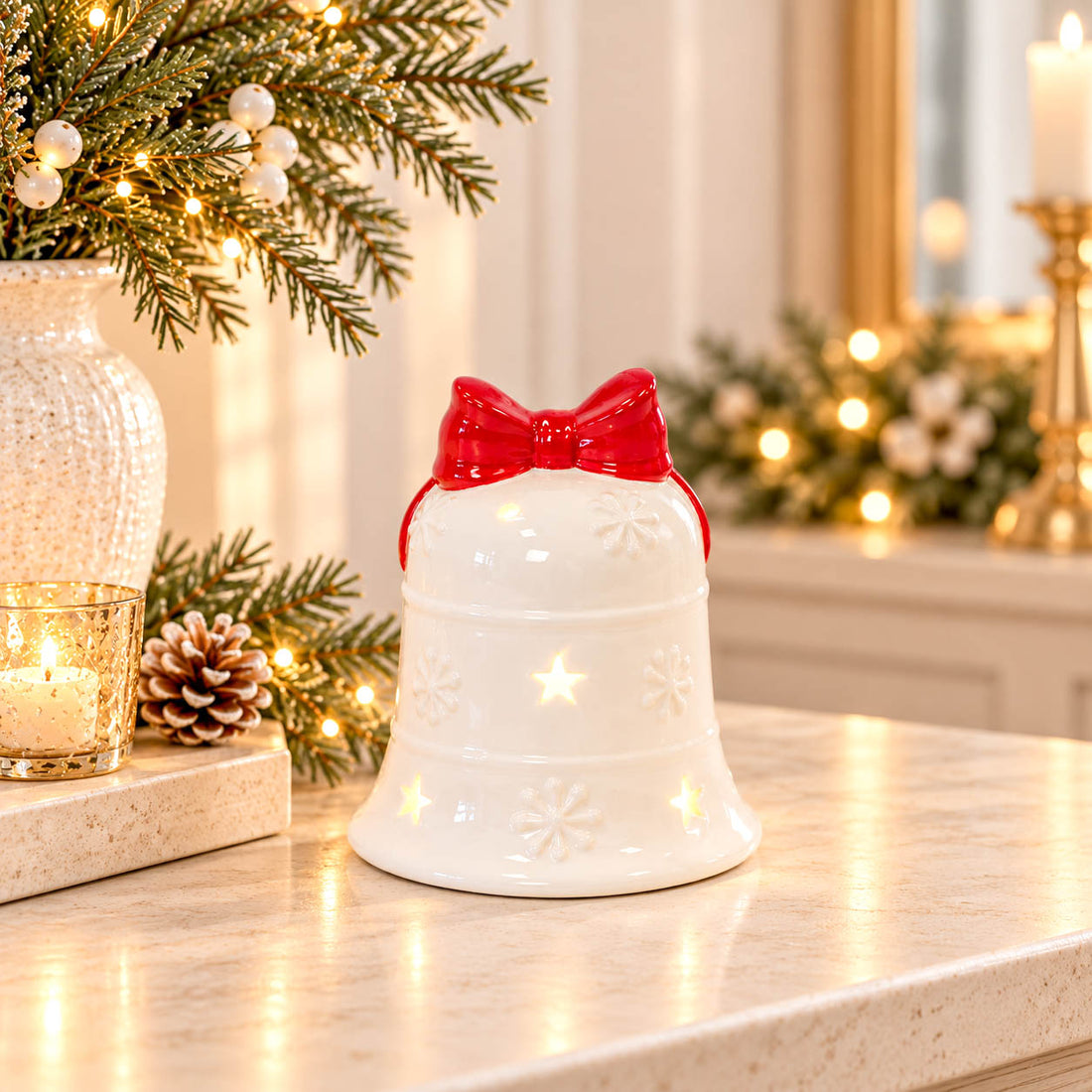 White LED Christmas Bell with Red Bow