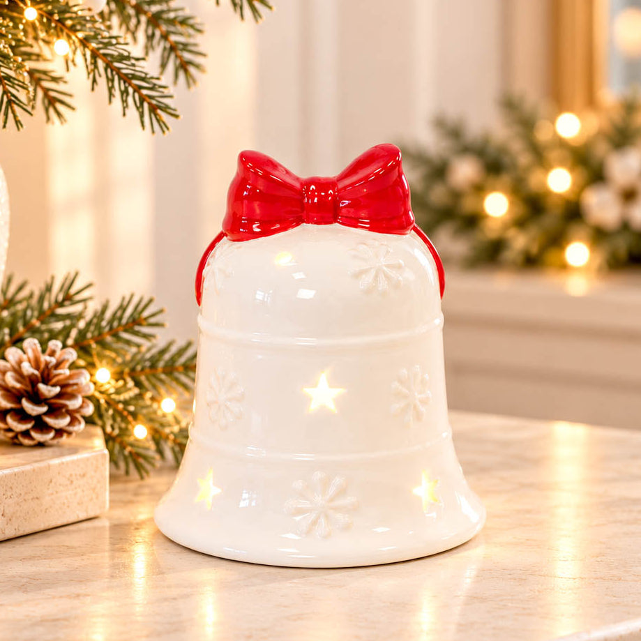 White LED Christmas Bell with Red Bow