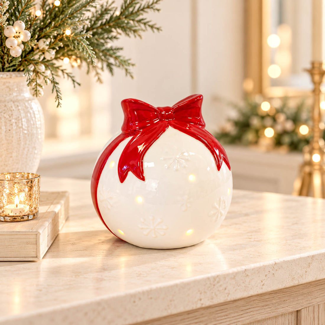 White LED Bauble with Red Bow