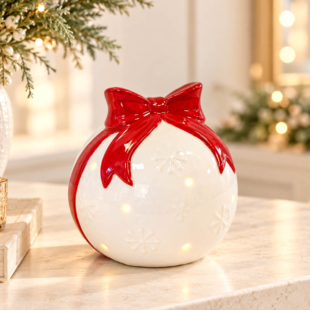 White LED Bauble with Red Bow
