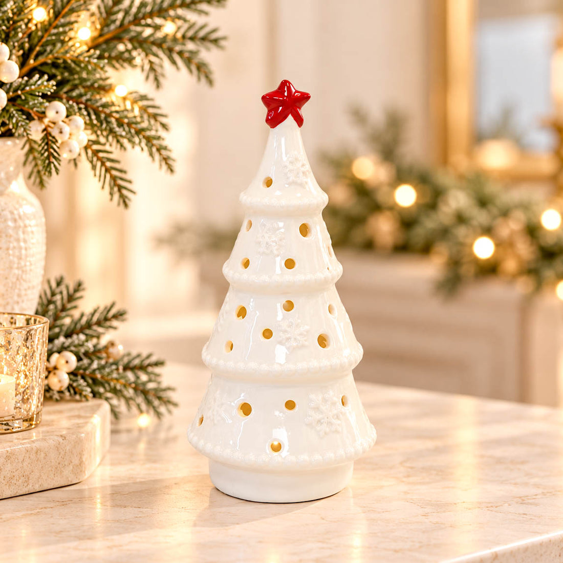 White LED Tree with Red Star Topper