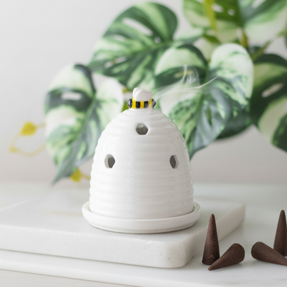 White Beehive Incense Cone Holder Set