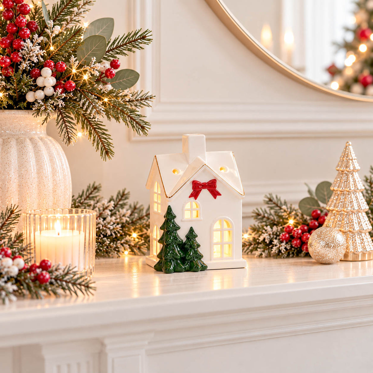 White Festive LED House with Red Bow