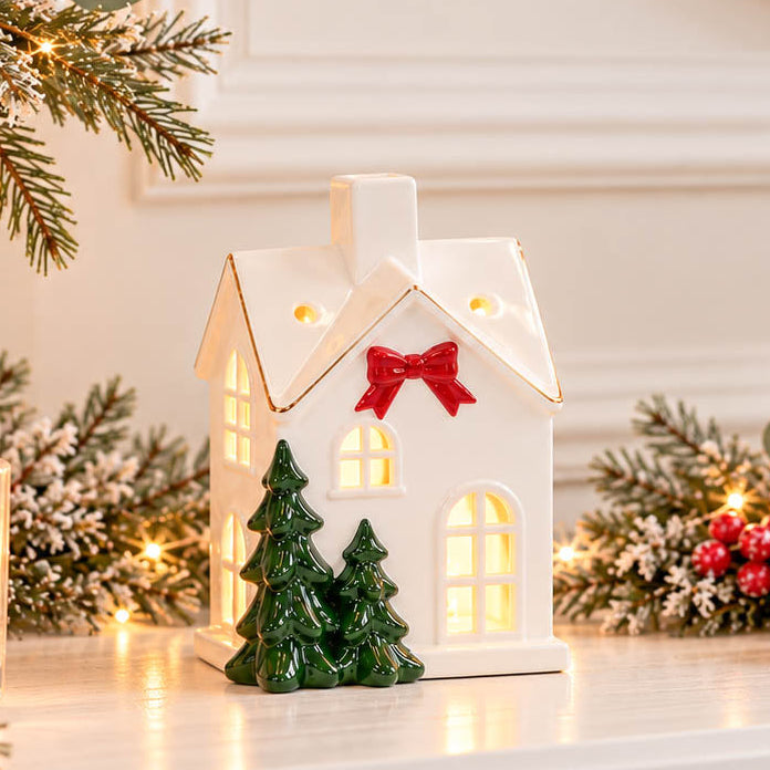 White Festive LED House with Red Bow