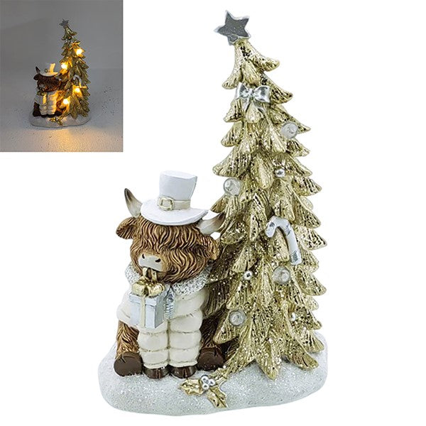 Highland Cow with Gold LED Christmas Tree