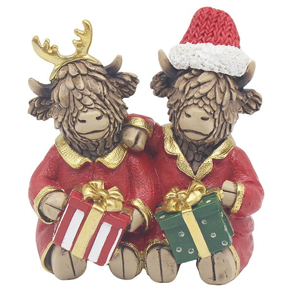 Mini Highland Cow Couple in Christmas Pyjamas