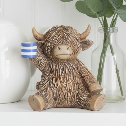 Time For A Cuppa Happy Highland Cow Figurine