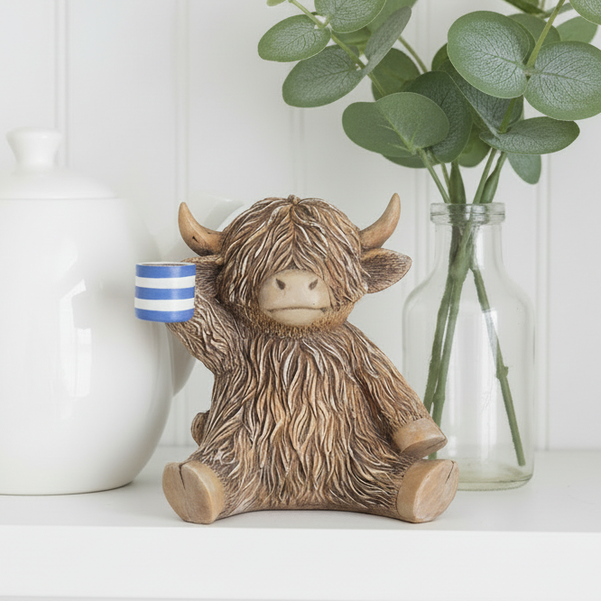Time For A Cuppa Happy Highland Cow Figurine