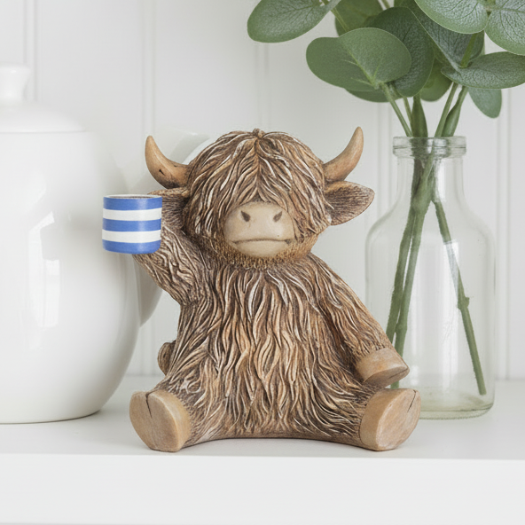 Time For A Cuppa Happy Highland Cow Figurine