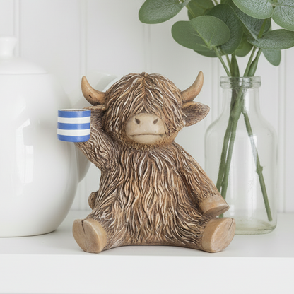 Time For A Cuppa Happy Highland Cow Figurine