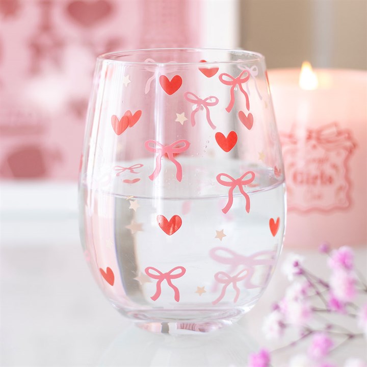 Bow &amp; Heart Print Stemless Glass