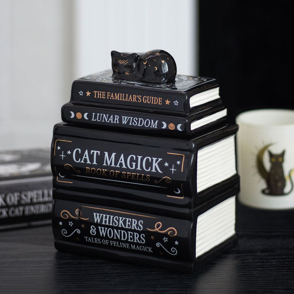 Black Cat Magick Book Stack Oil Burner with Cat