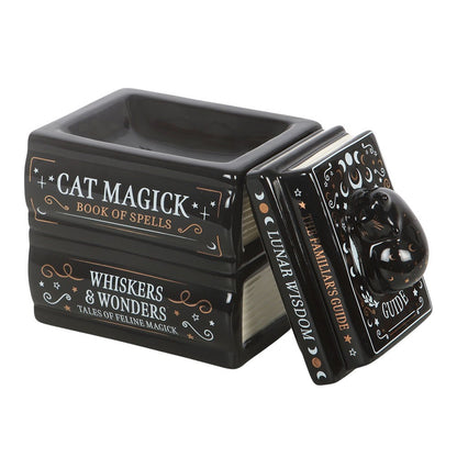Black Cat Magick Book Stack Oil Burner with Cat
