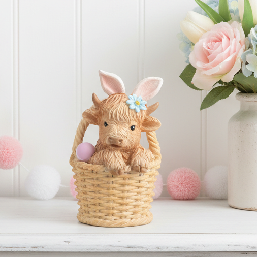 Highland Cow in Easter Basket Figurine