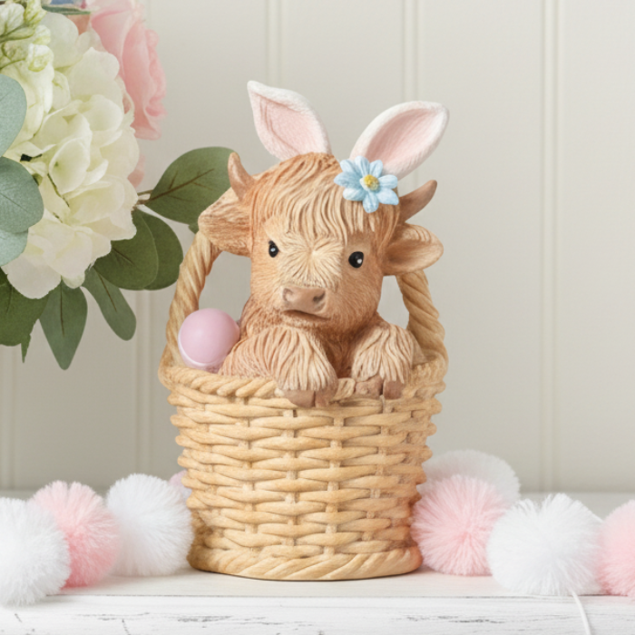 Highland Cow in Easter Basket Figurine