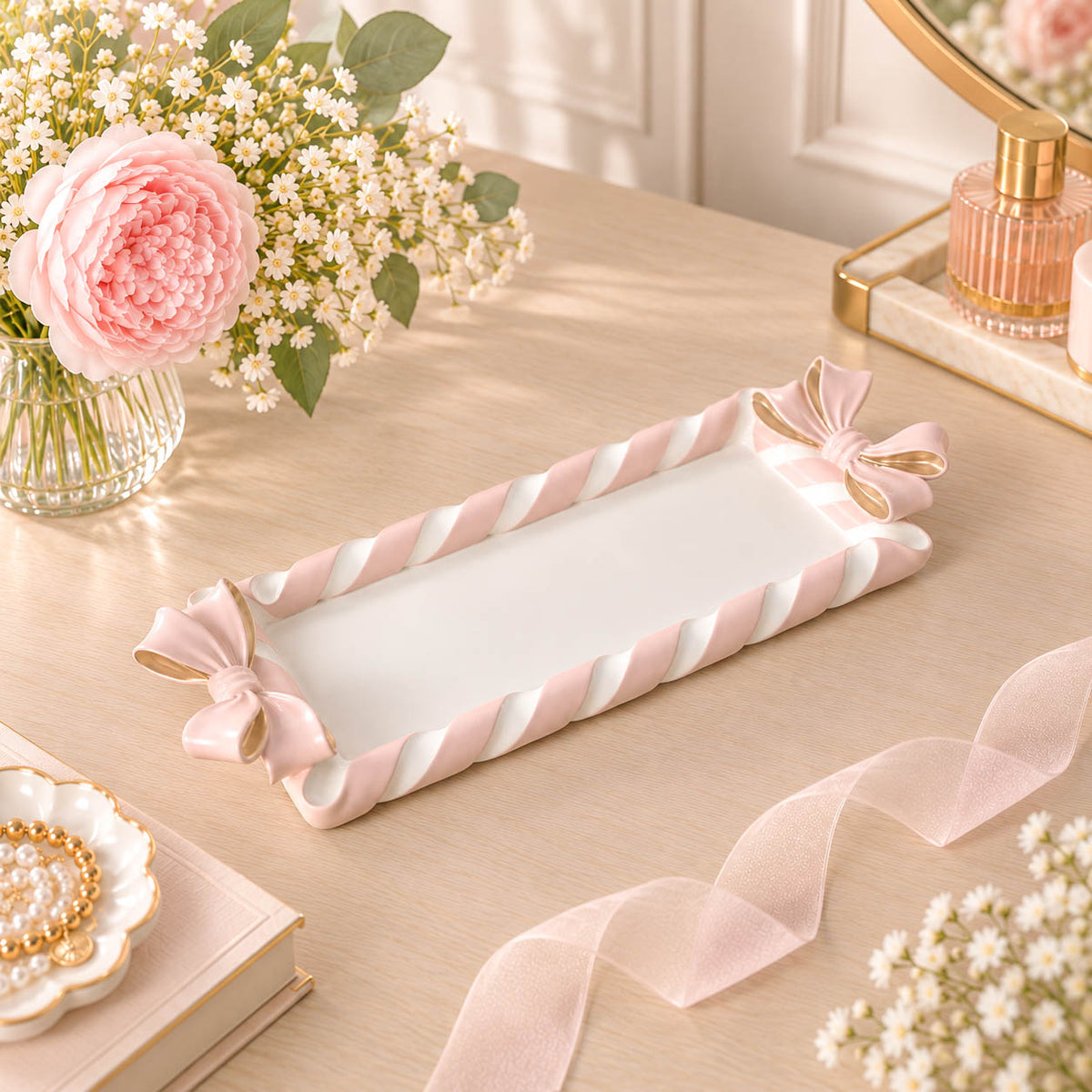 Pink &amp; White Bow Trinket Tray