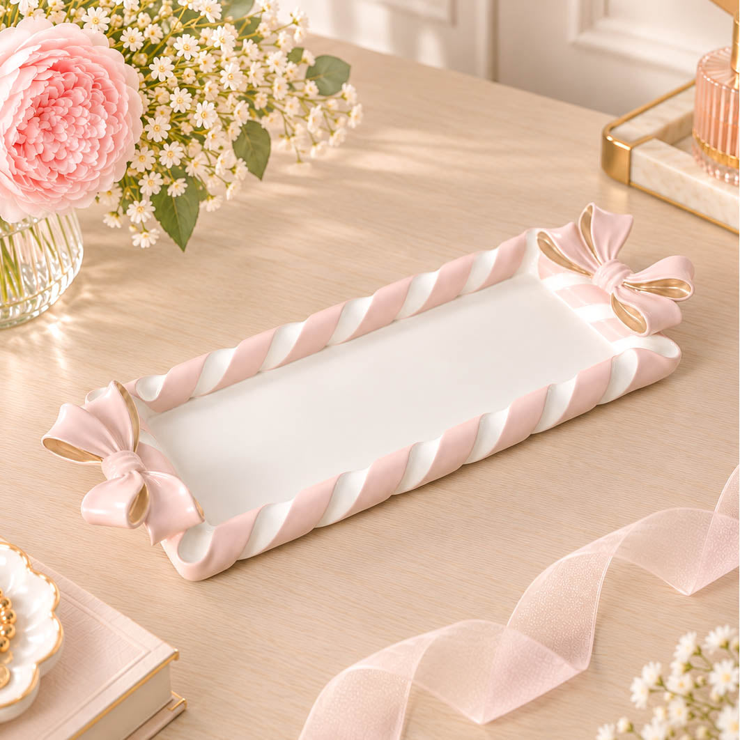 Pink &amp; White Bow Trinket Tray