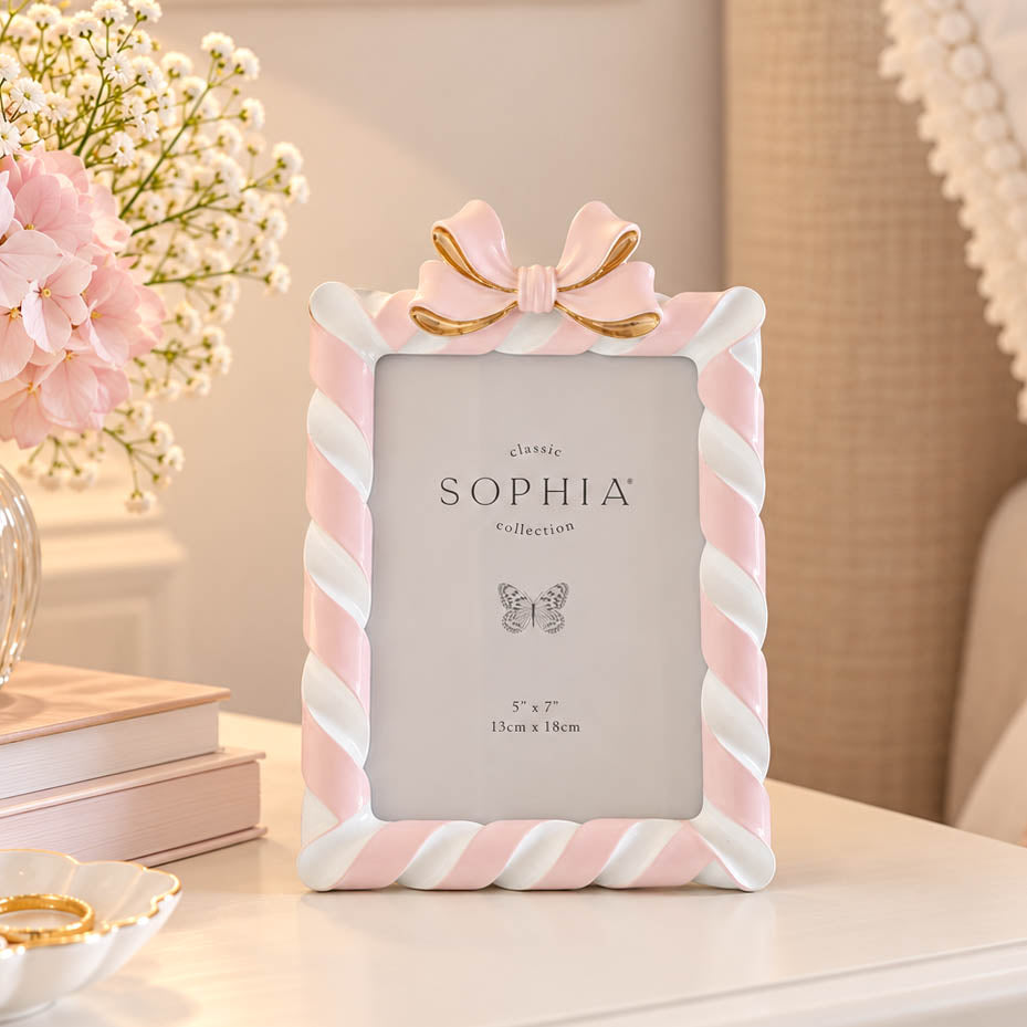 Pink &amp; White Bow Photo Frame 7" x 5"
