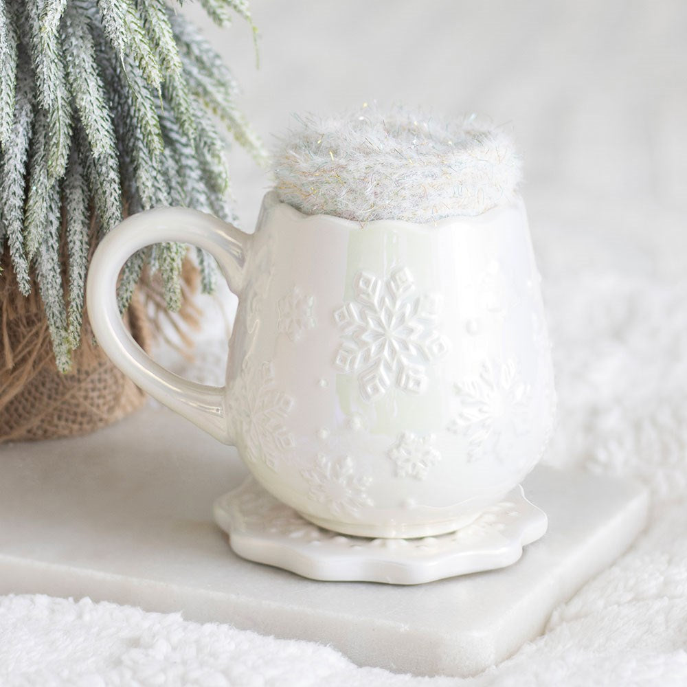 White Iridescent Snowflake Mug, Coaster &amp; Cosy Socks Set
