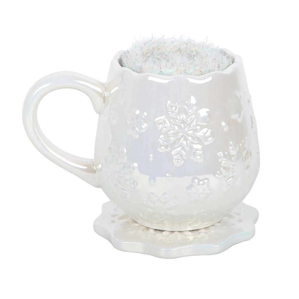 White Iridescent Snowflake Mug, Coaster &amp; Cosy Socks Set
