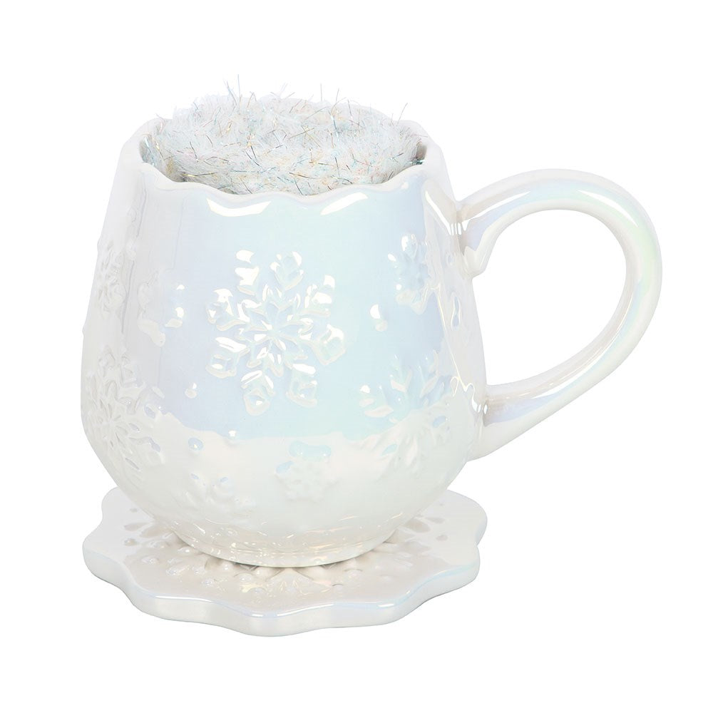 White Iridescent Snowflake Mug, Coaster &amp; Cosy Socks Set