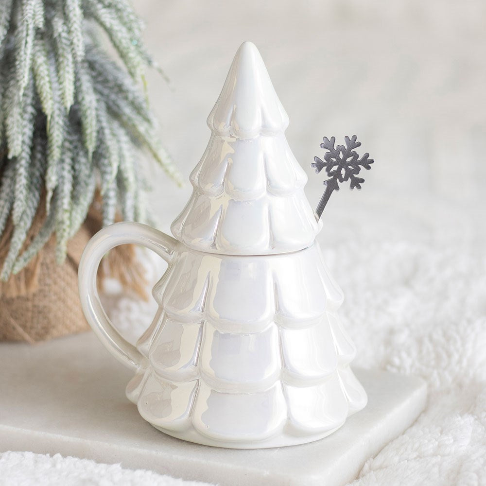 Iridescent Fir Tree Lidded Mug &amp; Snowflake Spoon Set