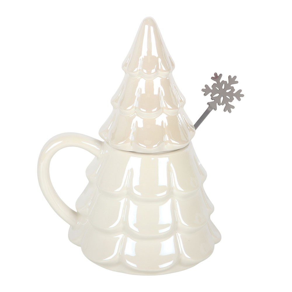 Iridescent Fir Tree Lidded Mug &amp; Snowflake Spoon Set