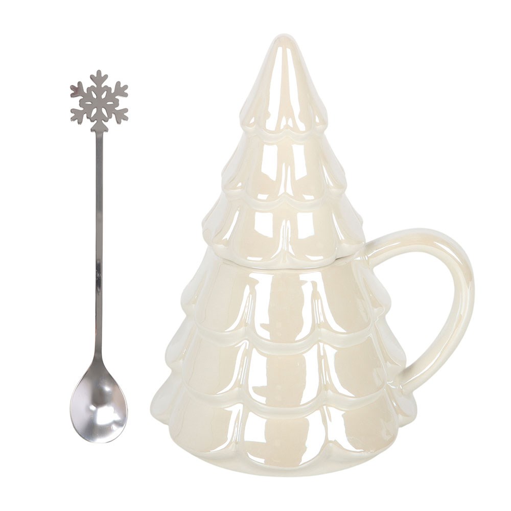 Iridescent Fir Tree Lidded Mug &amp; Snowflake Spoon Set