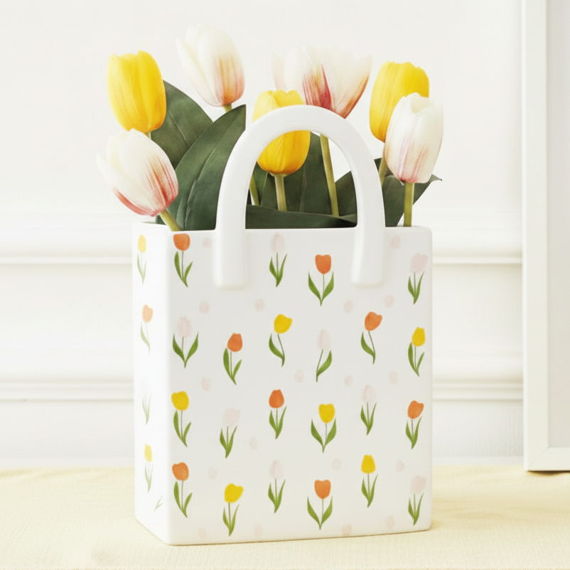 Tulip Print Ceramic Handbag Vase