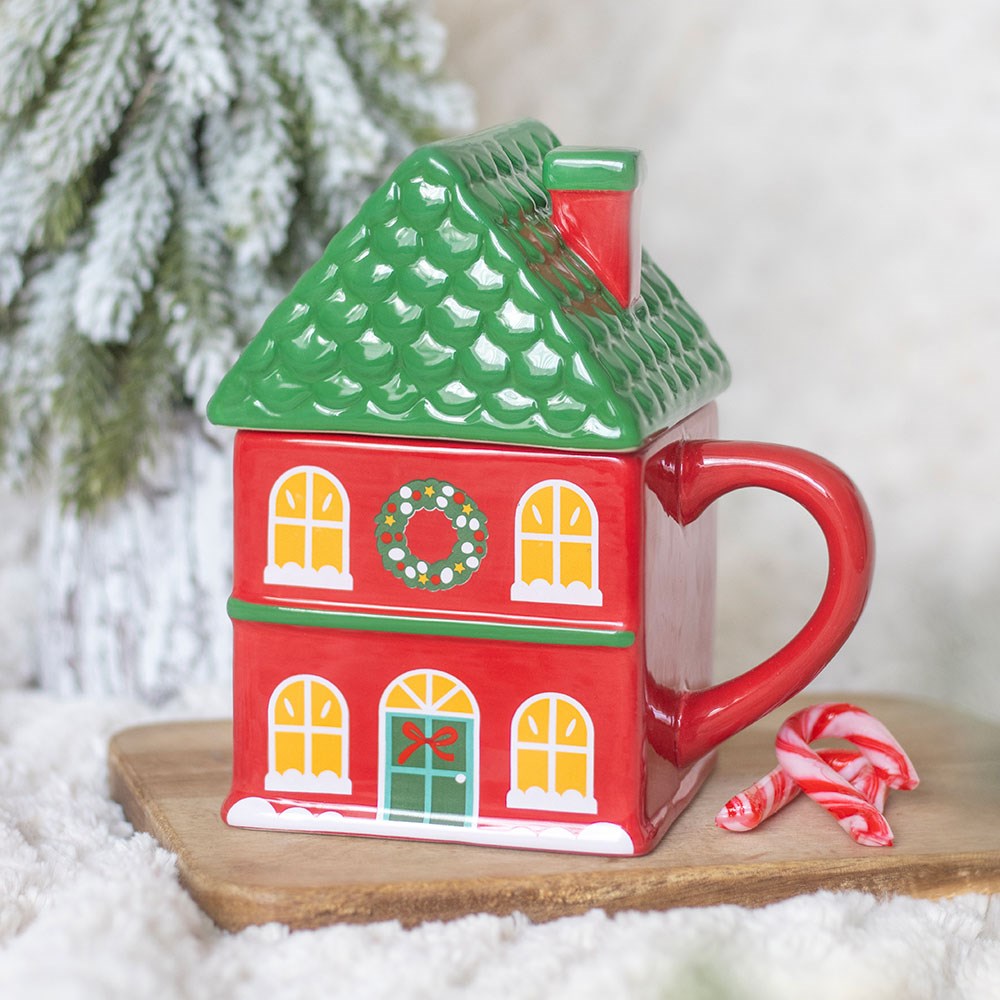 Red Christmas House Lidded Mug
