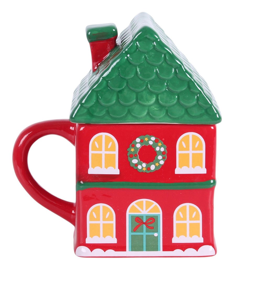 Red Christmas House Lidded Mug
