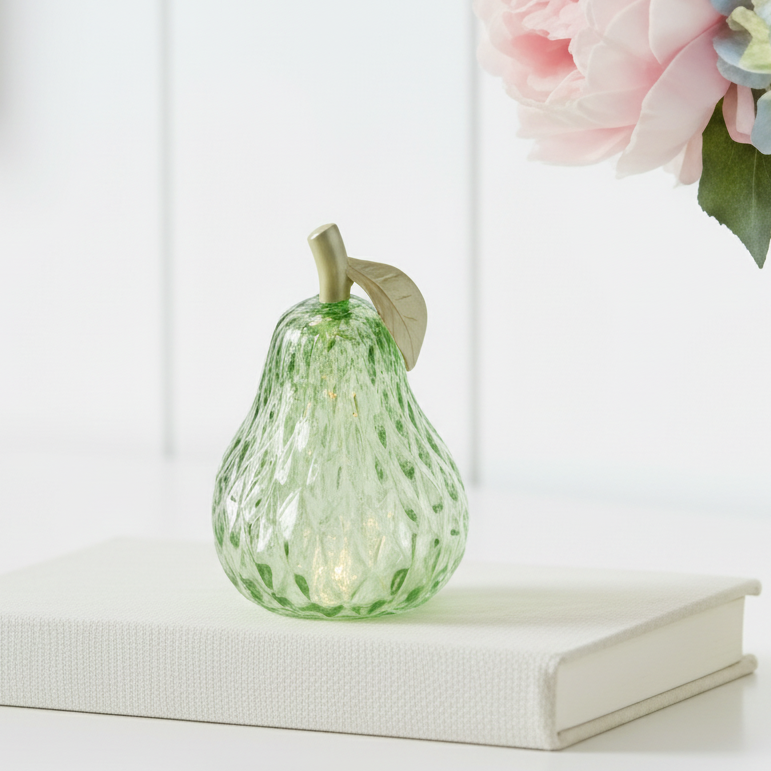Mini Green LED Diamond Cut Glass Pear