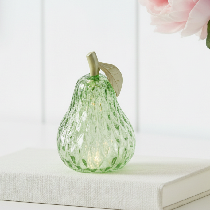 Mini Green LED Diamond Cut Glass Pear