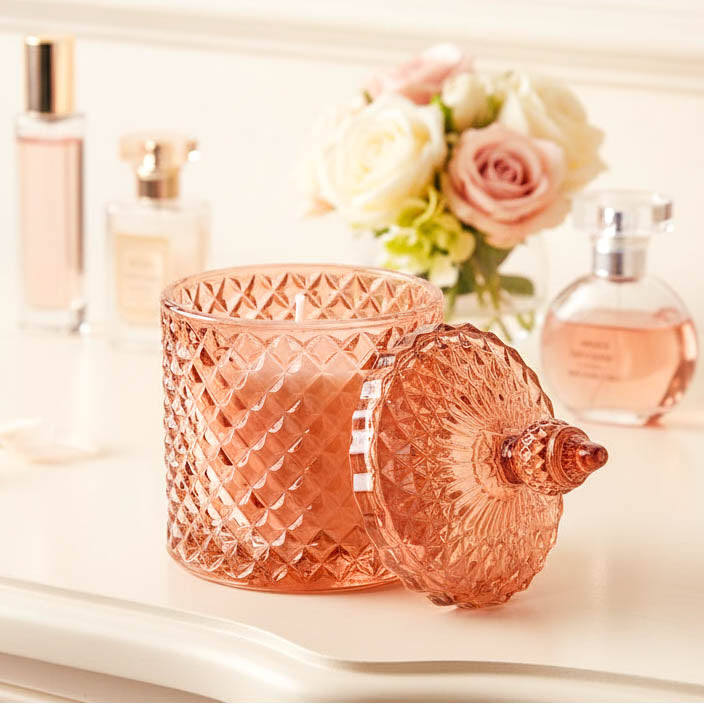 Embossed Pink Amber Glass Jar Scented Candle