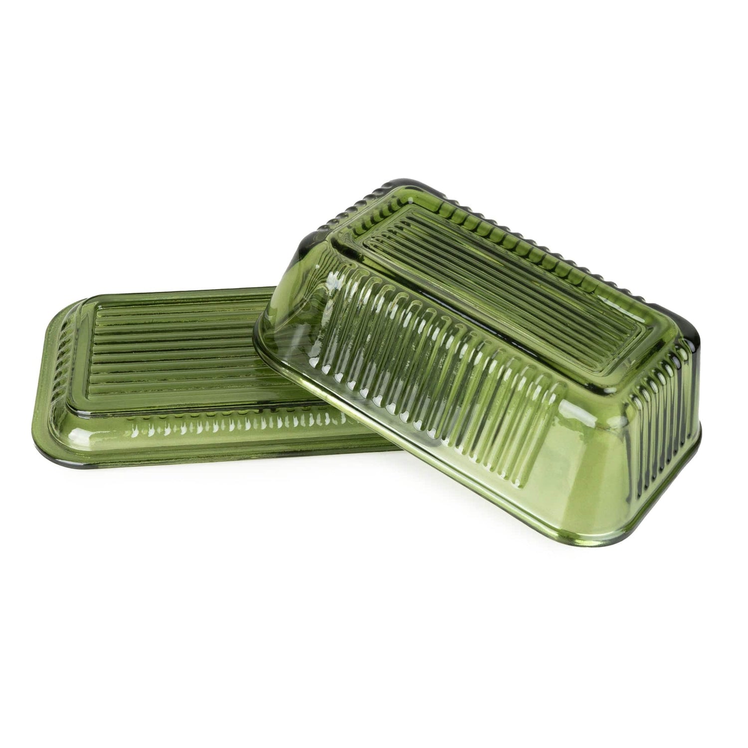 Green Ridged Glass Butter Dish