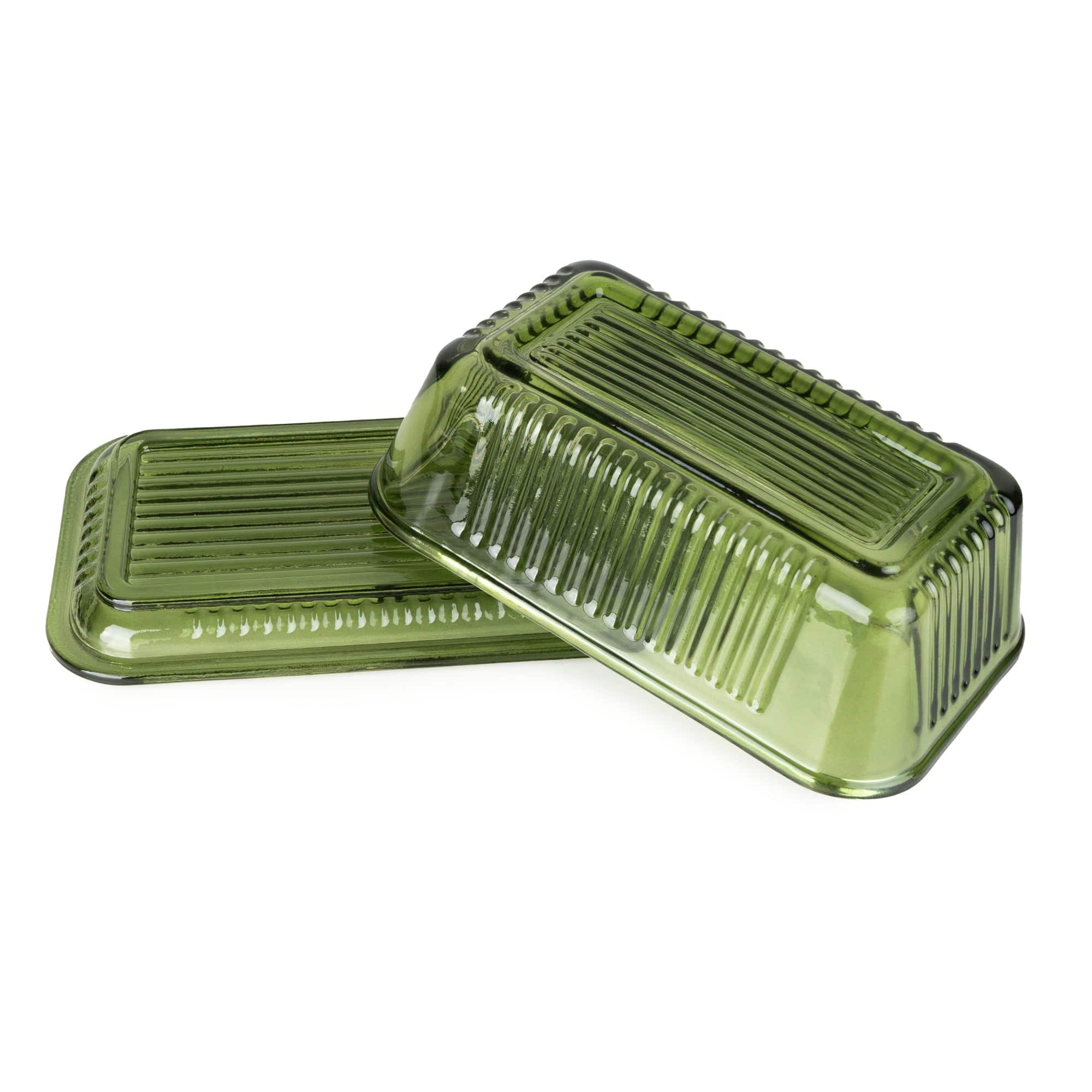 Green Ridged Glass Butter Dish