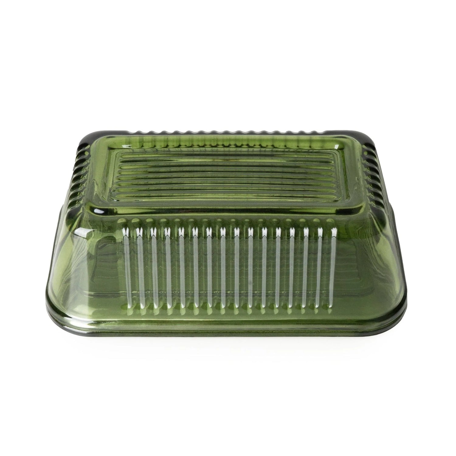 Green Ridged Glass Butter Dish