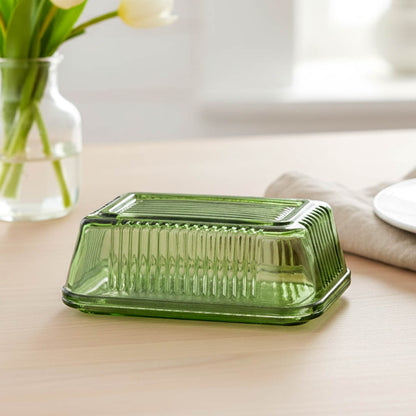 Green Ridged Glass Butter Dish