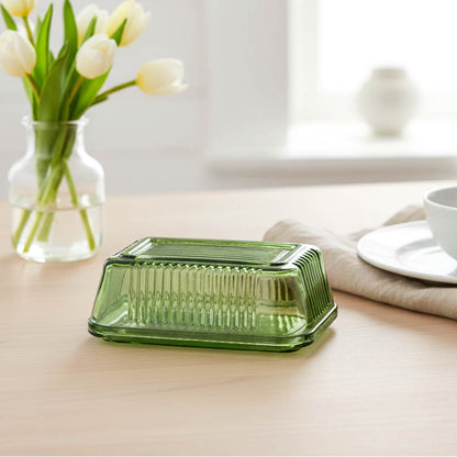 Green Ridged Glass Butter Dish